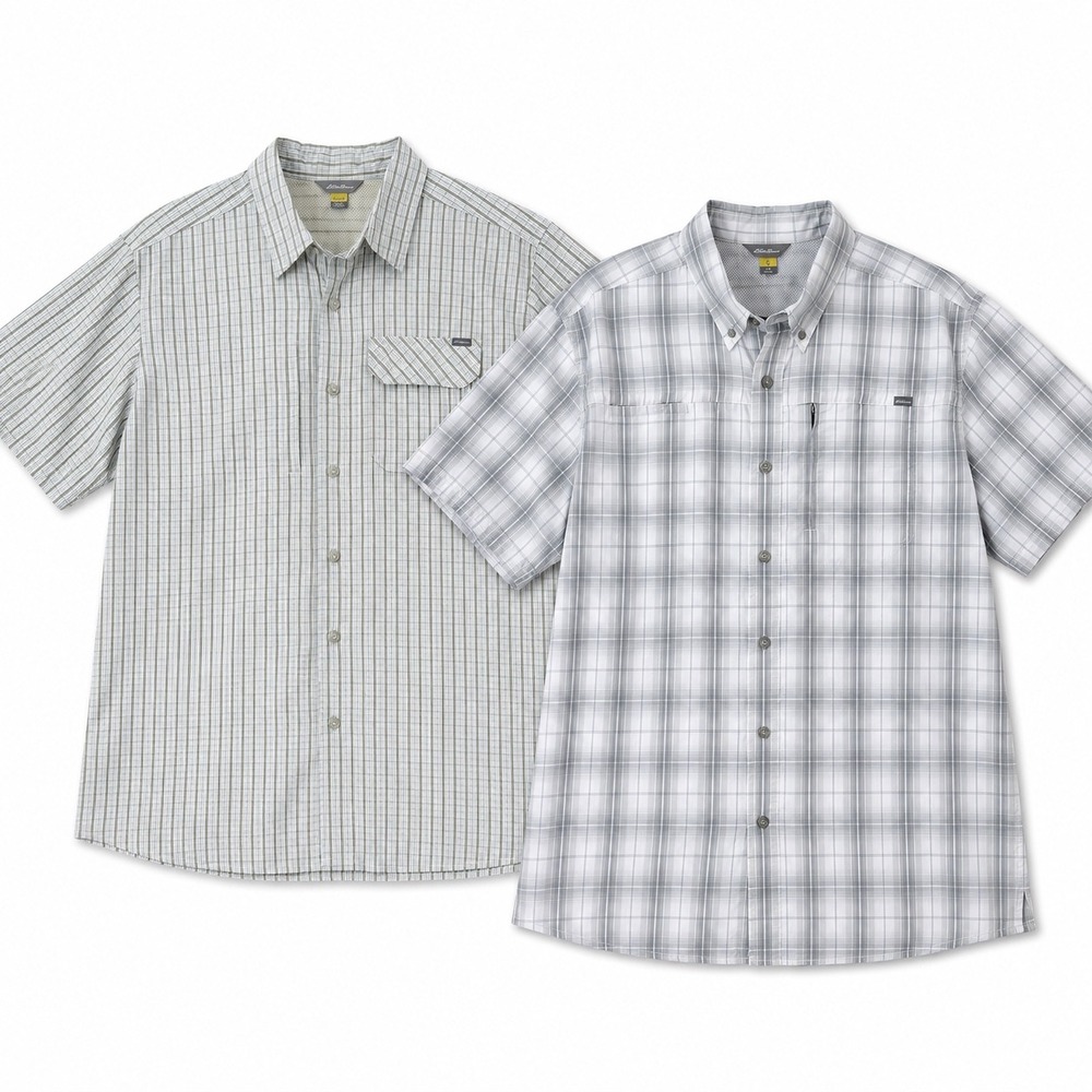 Eddie Bauer Travex Shirts Mens L Gray Green Plaid Excellent SS Hiking 2pk Bundle